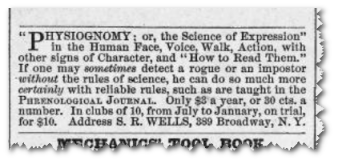This ad for phrenological services was placed in Harper's Weekly in 1868