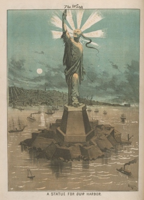 Cartoon of Chinese man as a mockery of the statue of liberty