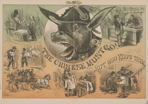 A donkey (Denis Kearney( honks as scenes of Chinese workers surround