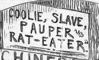 Detail from Nast's "The Chinese Question" 1871. Nast frequently put the declarations of people he disagreed with as backgrounds for his cartoons. They almost never represent his sentiment.