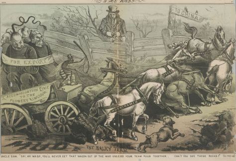 Satire cartoon of chinese bound in a wagon drawn by horses