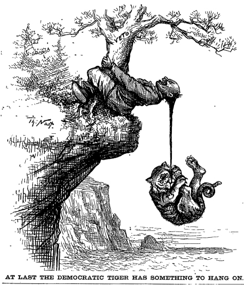 A lion hangs from the queue of a Chinese man