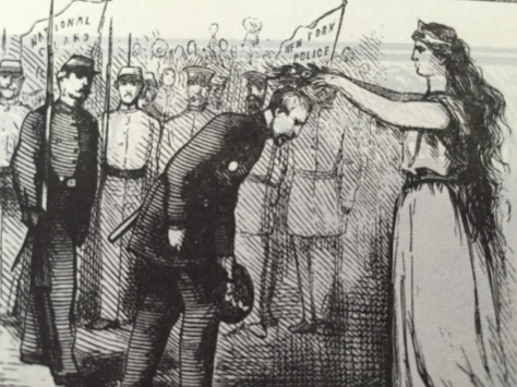 At the top left of the image, Columbia places laurels on the heads of New York CIty policemen, presumably some of whom are Irish, for their valor and adherence to law during the riots.